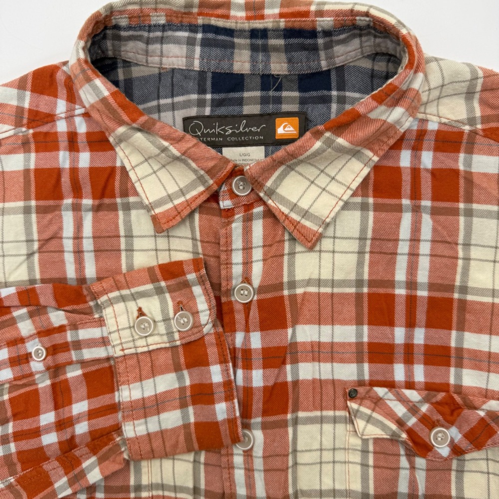 Quiksilver Button Down Mens Large Orange Plaid Waterman Collection Long Sleeve